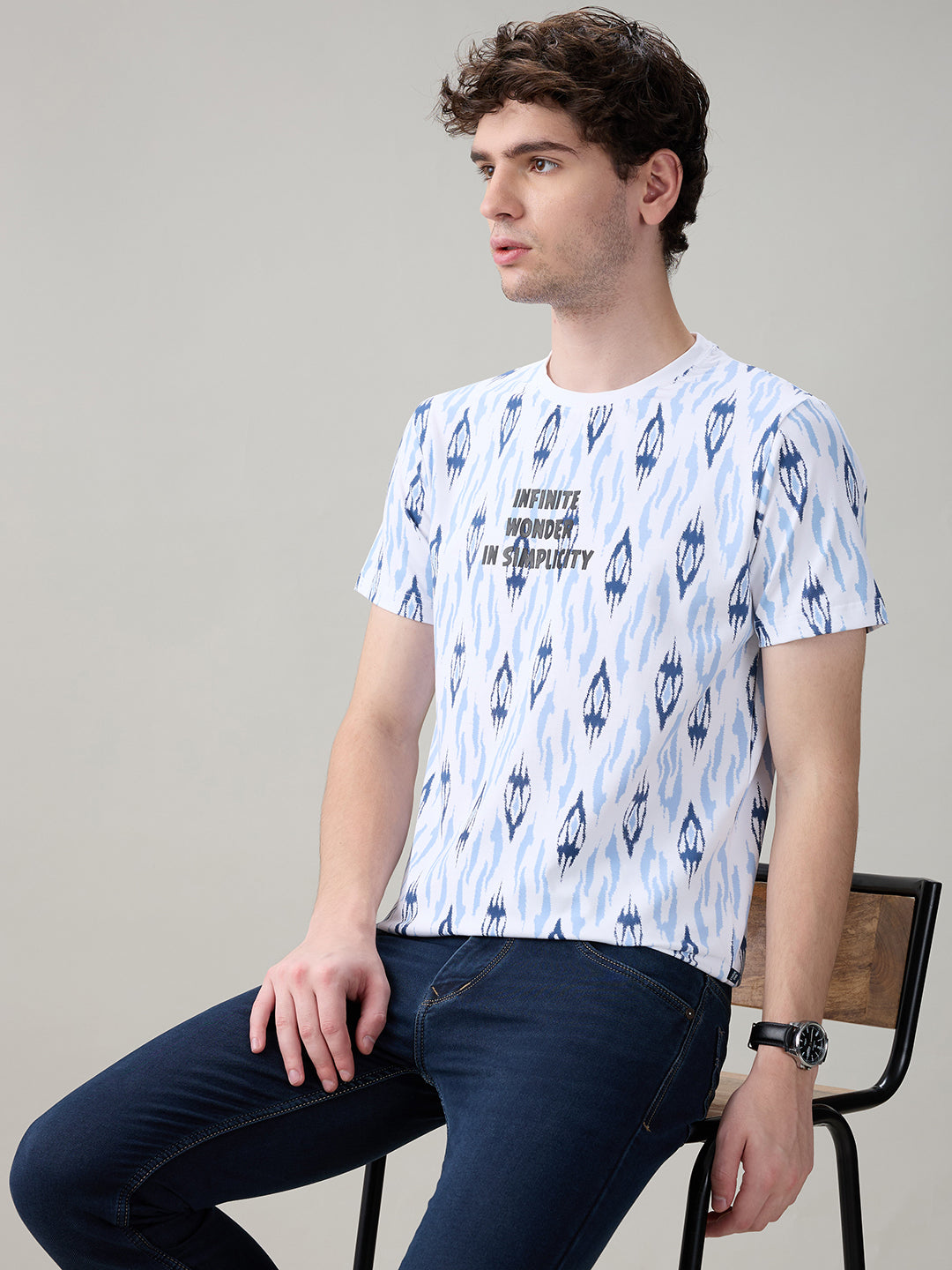 Status Quo Men's Ikat Printed Cotton Round Neck T-Shirt with Minimal Typography Secondary image
