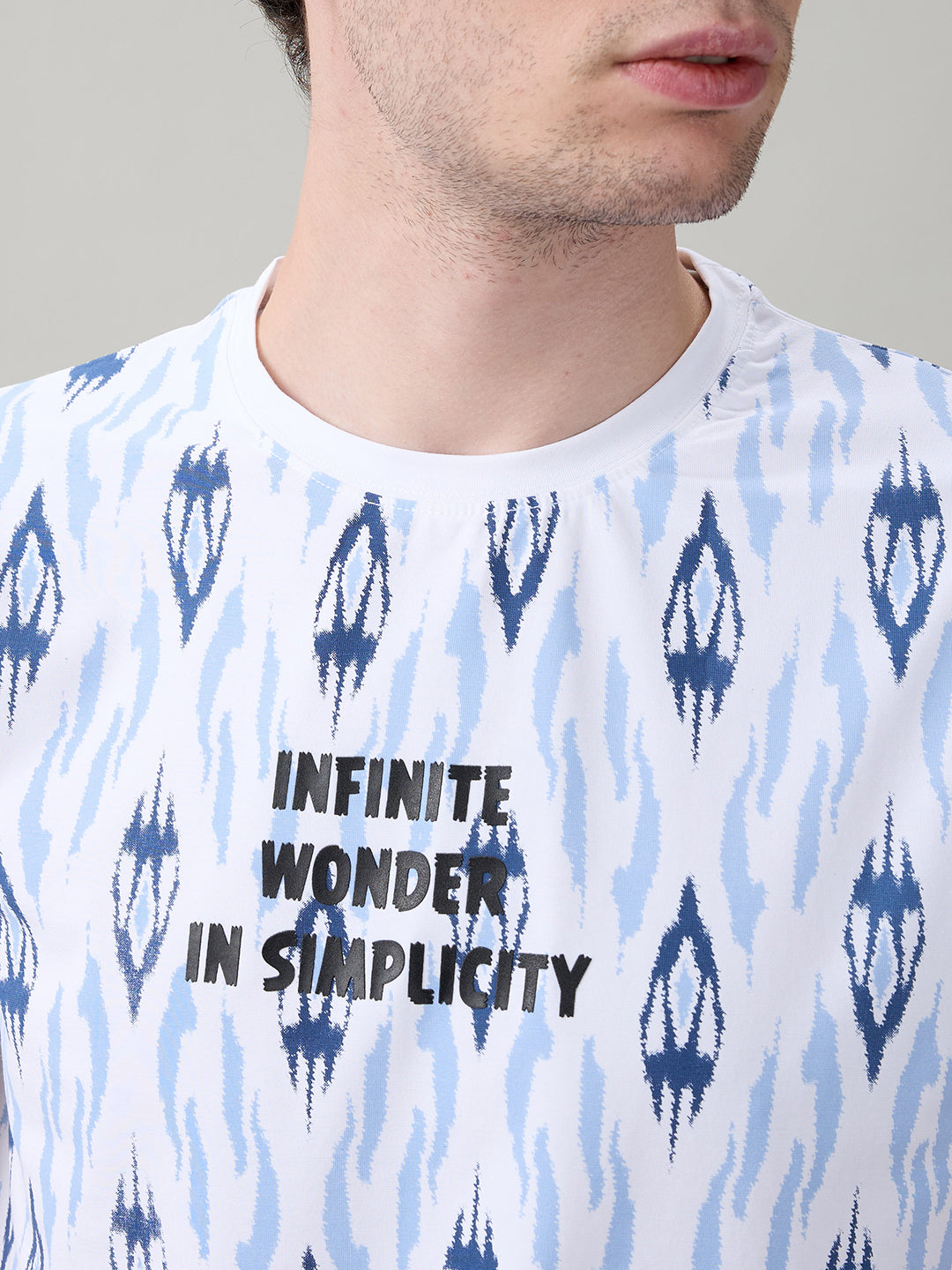 Status Quo Men's Ikat Printed Cotton Round Neck T-Shirt with Minimal Typography