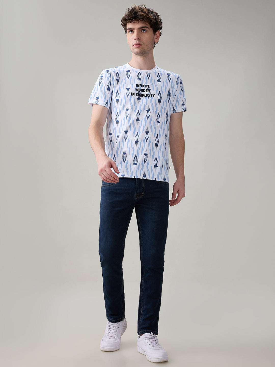 Status Quo Men's Ikat Printed Cotton Round Neck T-Shirt with Minimal Typography