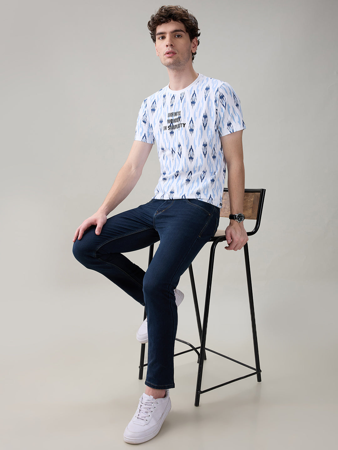 Status Quo Men's Ikat Printed Cotton Round Neck T-Shirt with Minimal Typography