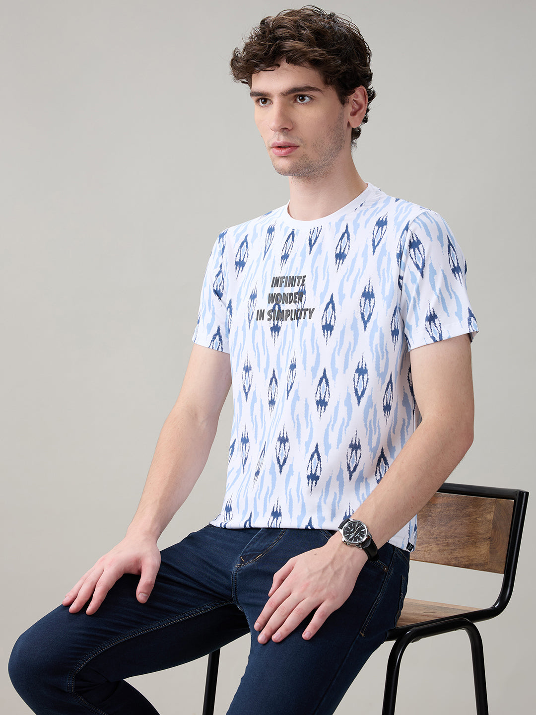 Status Quo Men's Ikat Printed Cotton Round Neck T-Shirt with Minimal Typography
