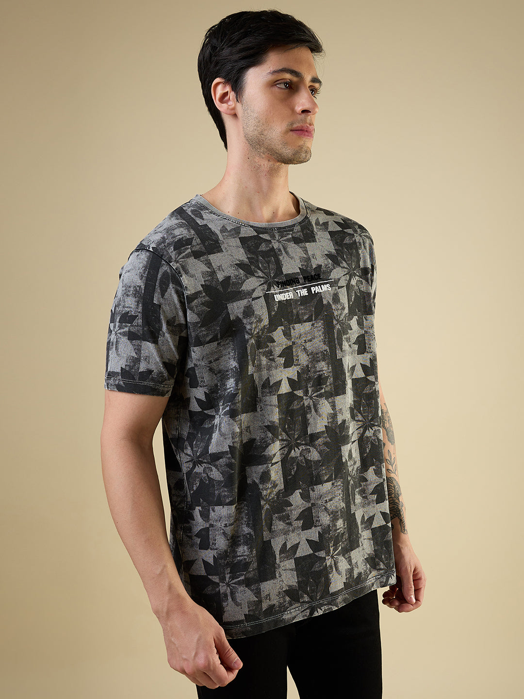 Mens All-Over Abstract Printed Half Sleeves Regular Fit T-shirt