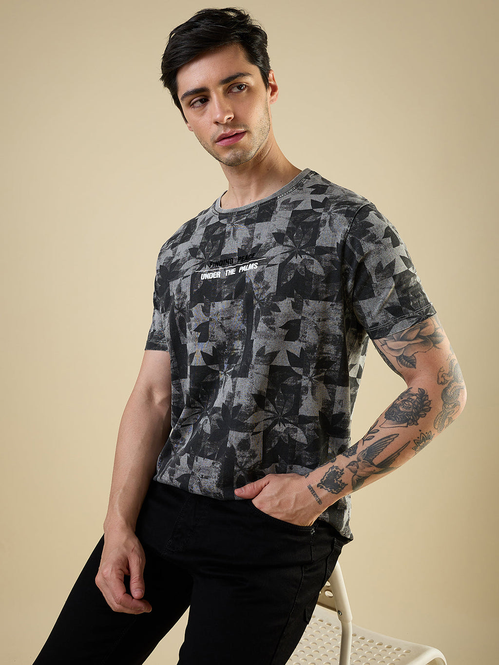 Mens All-Over Abstract Printed Half Sleeves Regular Fit T-shirt