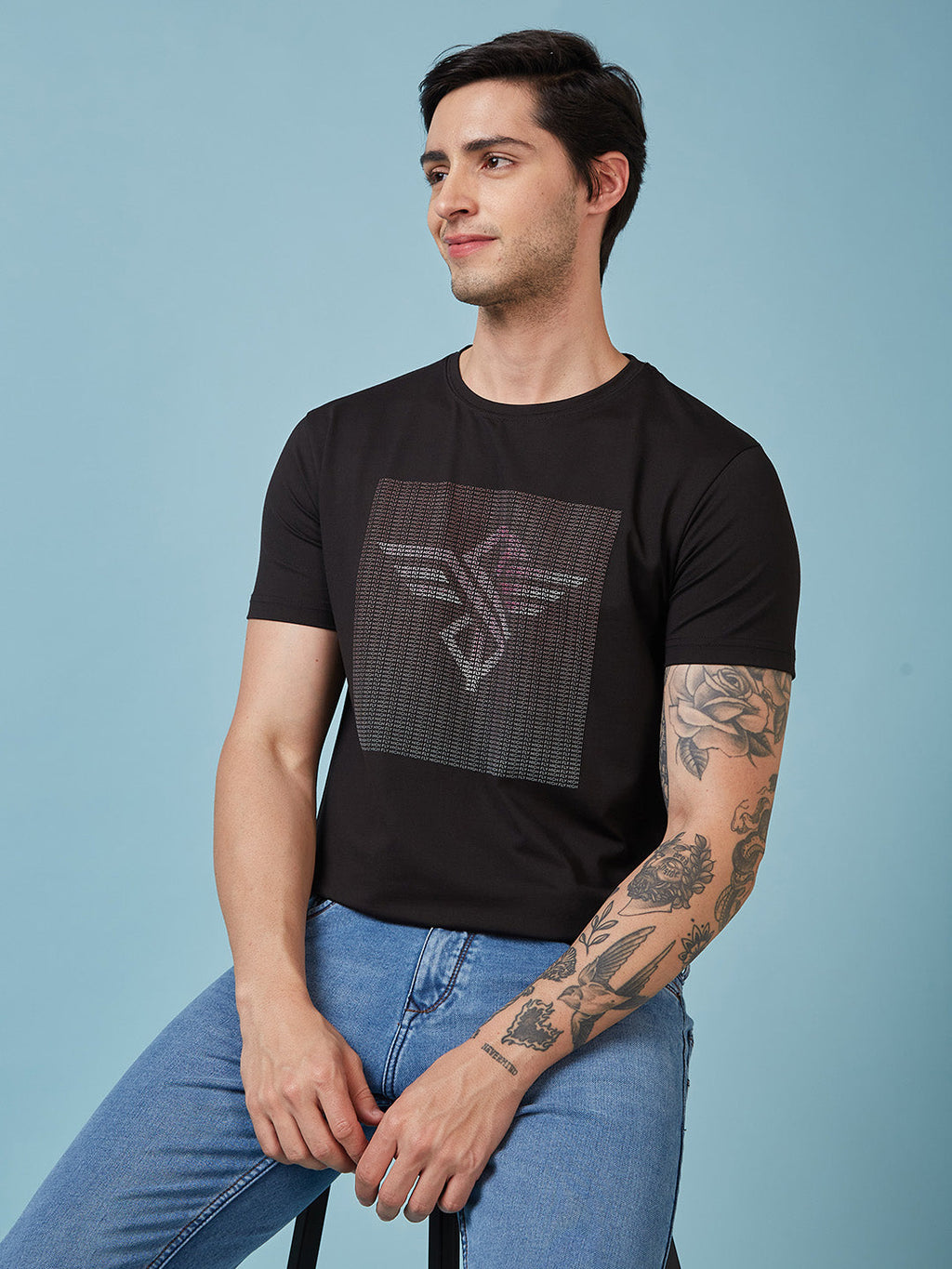 Mens Chest Printed  Round Neck Tshirt