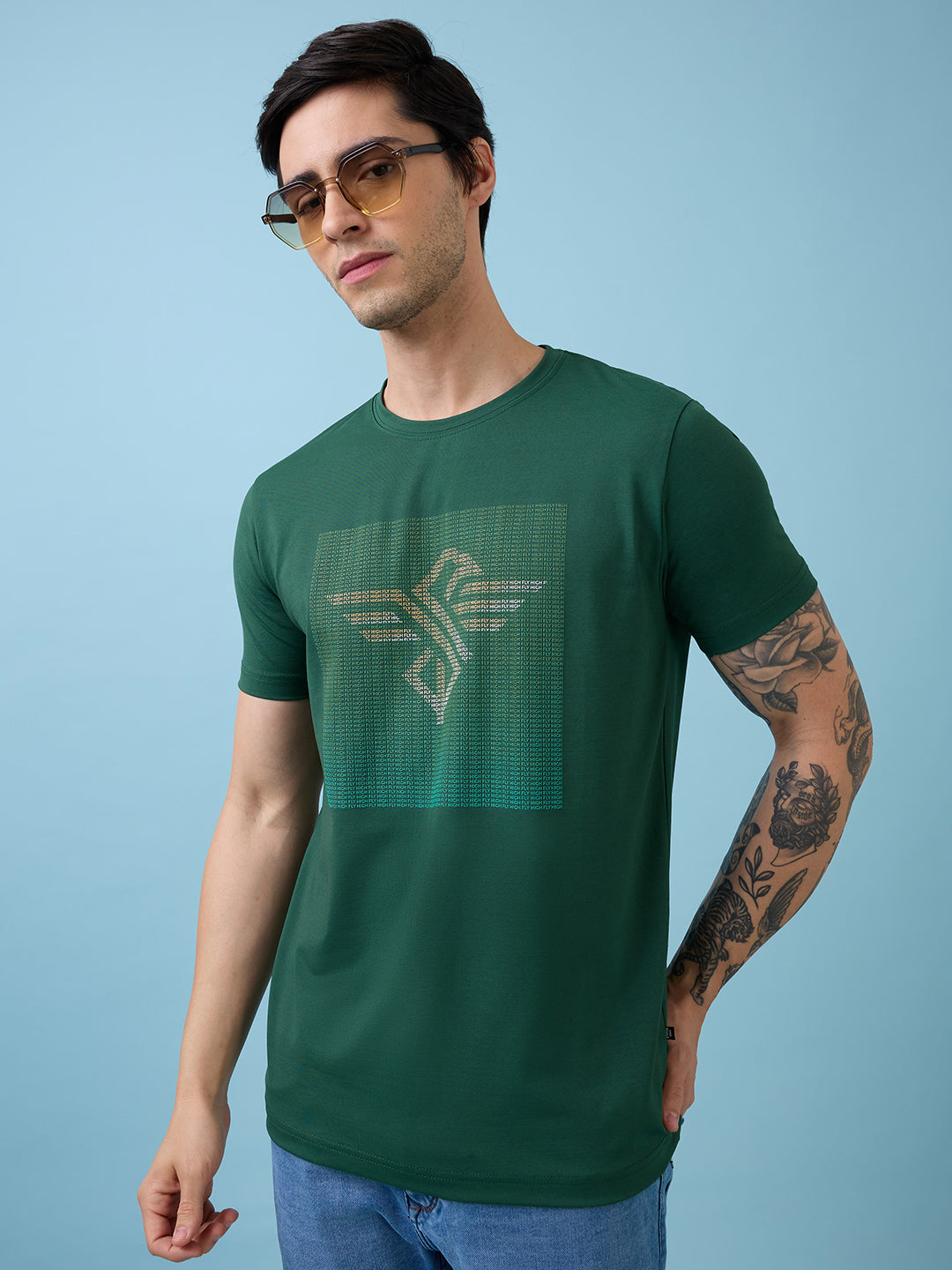 Mens Chest Printed  Round Neck Tshirt