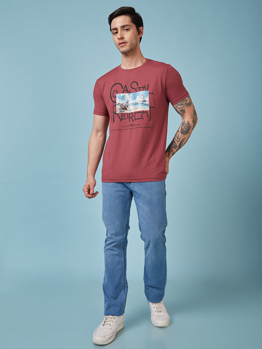 Mens Chest Printed  Round Neck Tshirt