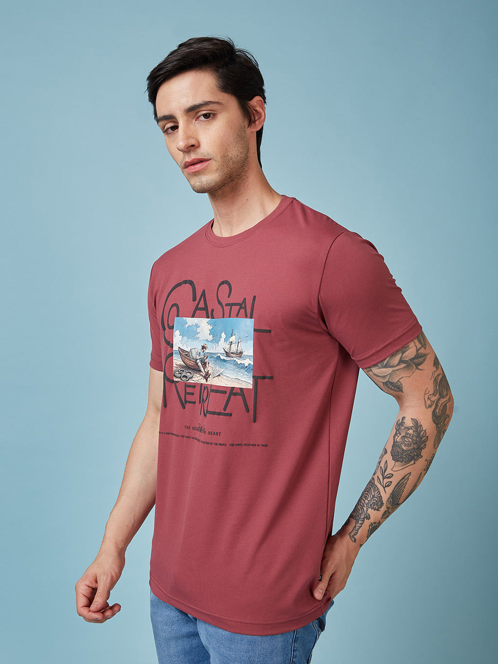 Mens Chest Printed  Round Neck Tshirt
