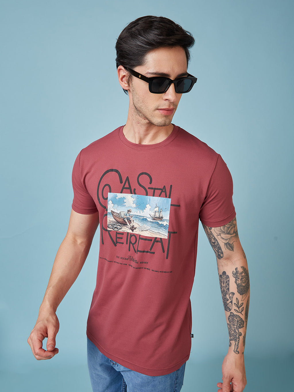 Mens Chest Printed  Round Neck Tshirt