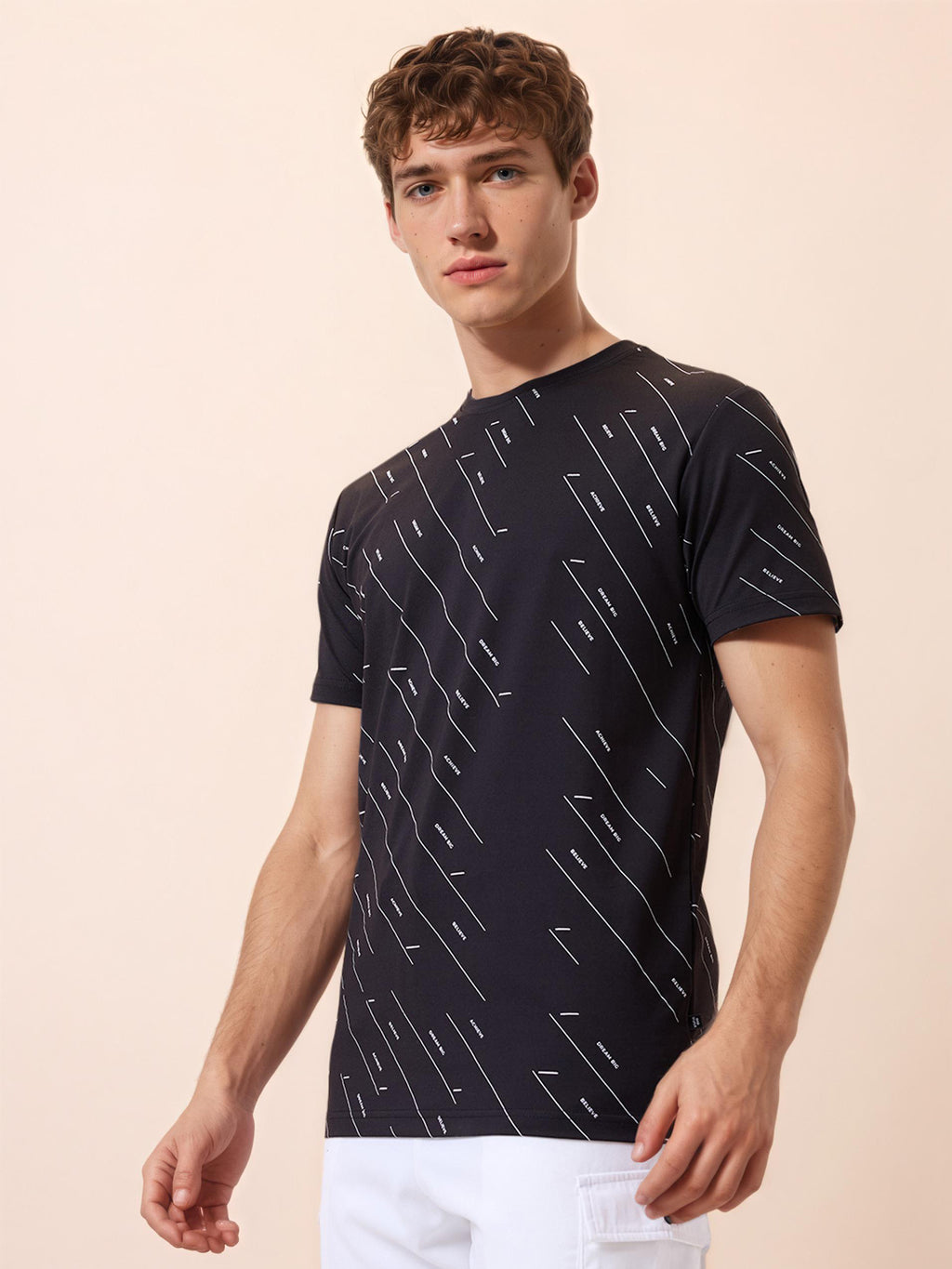 Mens All-Over Typography Round Neck Half Sleeves Regular Fit T-Shirt