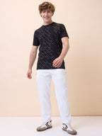 Mens All-Over Typography Round Neck Half Sleeves Regular Fit T-Shirt
