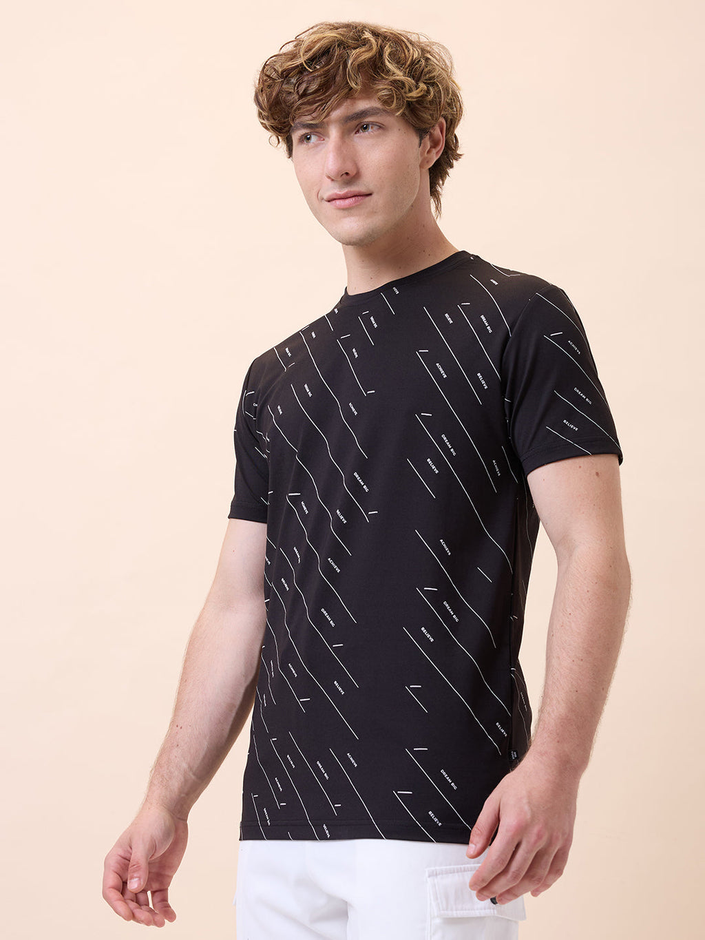 Mens All-Over Typography Round Neck Half Sleeves Regular Fit T-Shirt