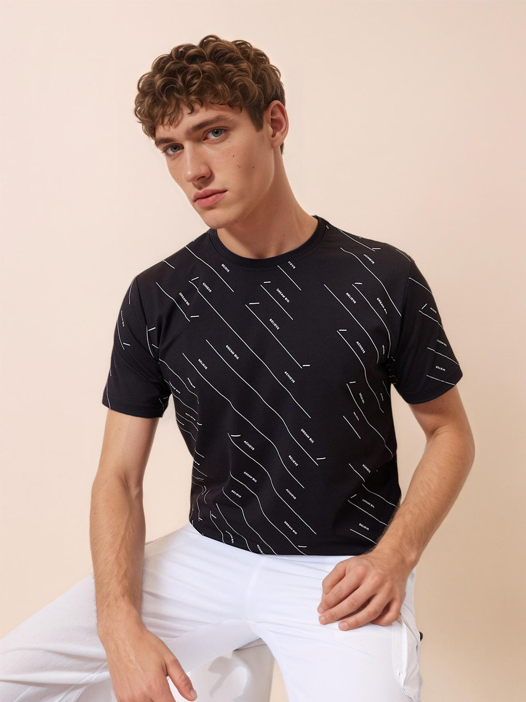 Mens All-Over Typography Round Neck Half Sleeves Regular Fit T-Shirt