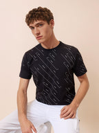 Mens All-Over Typography Round Neck Half Sleeves Regular Fit T-Shirt