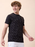 Mens All-Over Typography Round Neck Half Sleeves Regular Fit T-Shirt