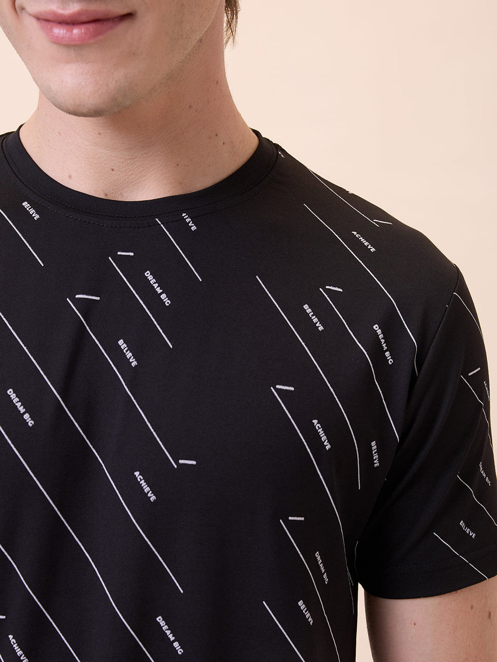 Mens All-Over Typography Round Neck Half Sleeves Regular Fit T-Shirt