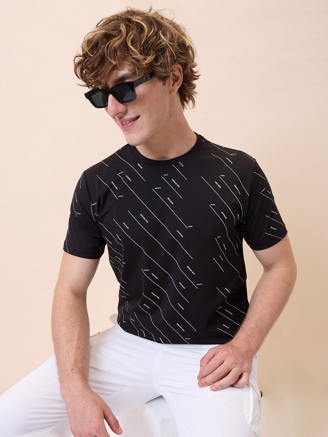 Mens All-Over Typography Round Neck Half Sleeves Regular Fit T-Shirt