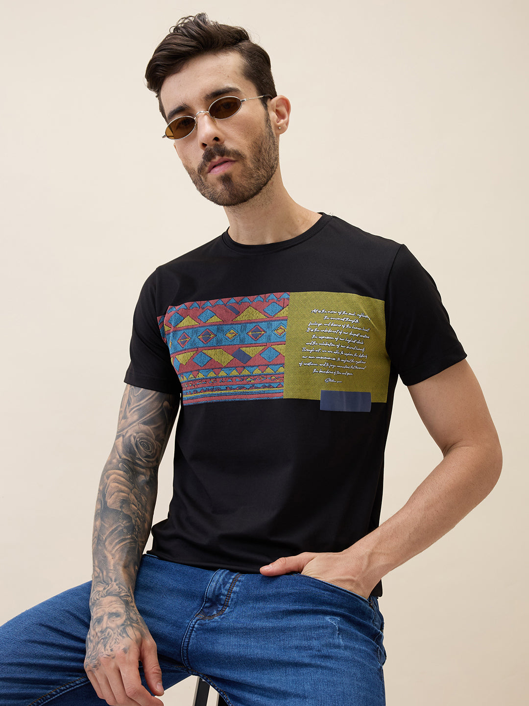 Mens Printed Round Neck Half Sleeves Regular Fit Tshirt