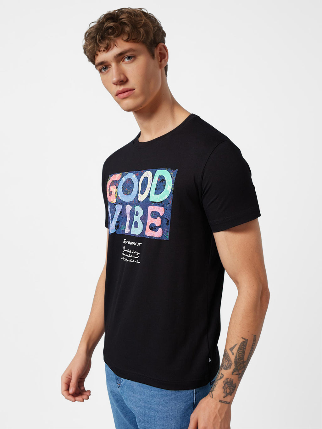Mens Chest Printed  Round Neck Tshirt