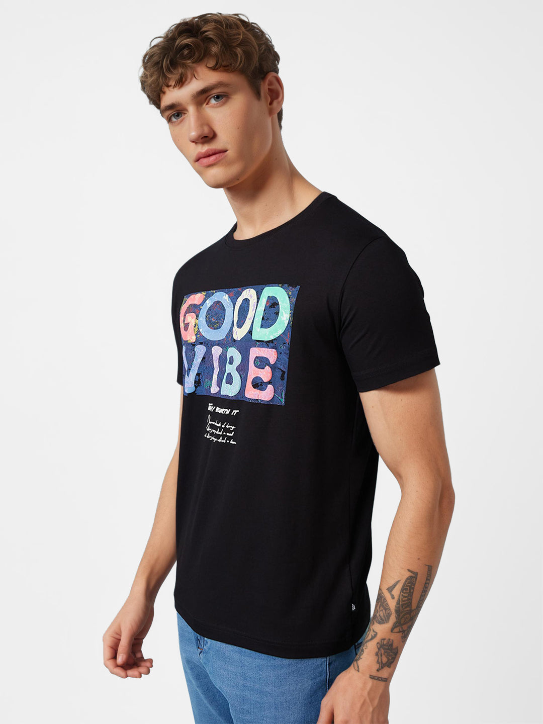 Mens Chest Printed  Round Neck Tshirt