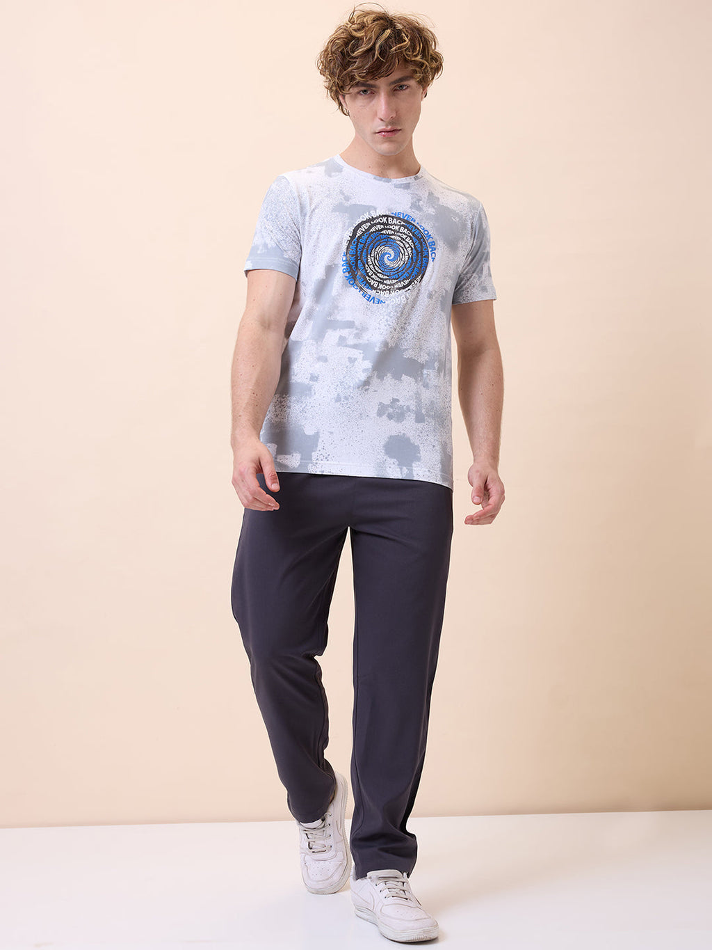 Mens All-Over Typography Round Neck Half Sleeves Regular Fit T-Shirt
