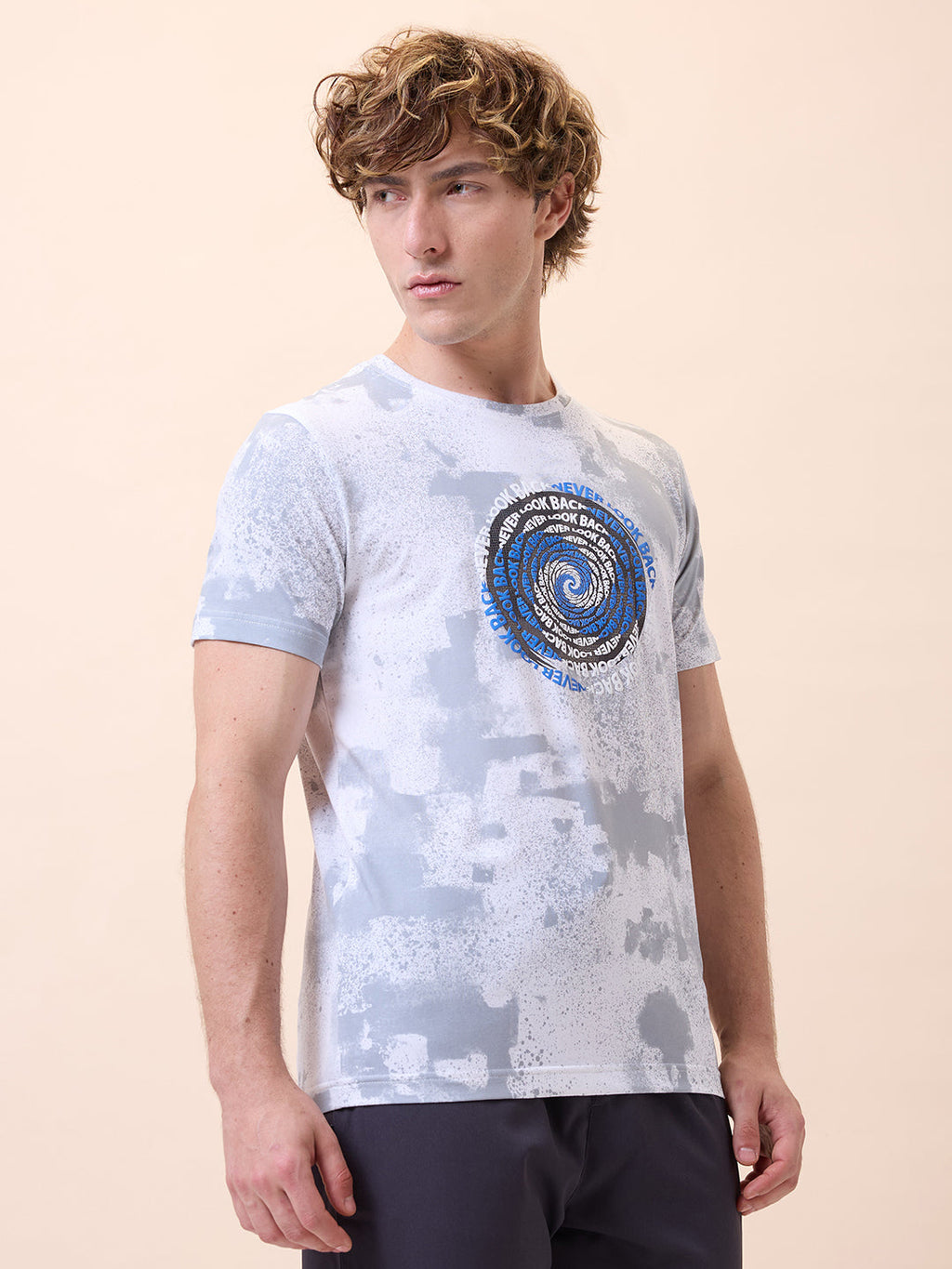 Mens All-Over Typography Round Neck Half Sleeves Regular Fit T-Shirt