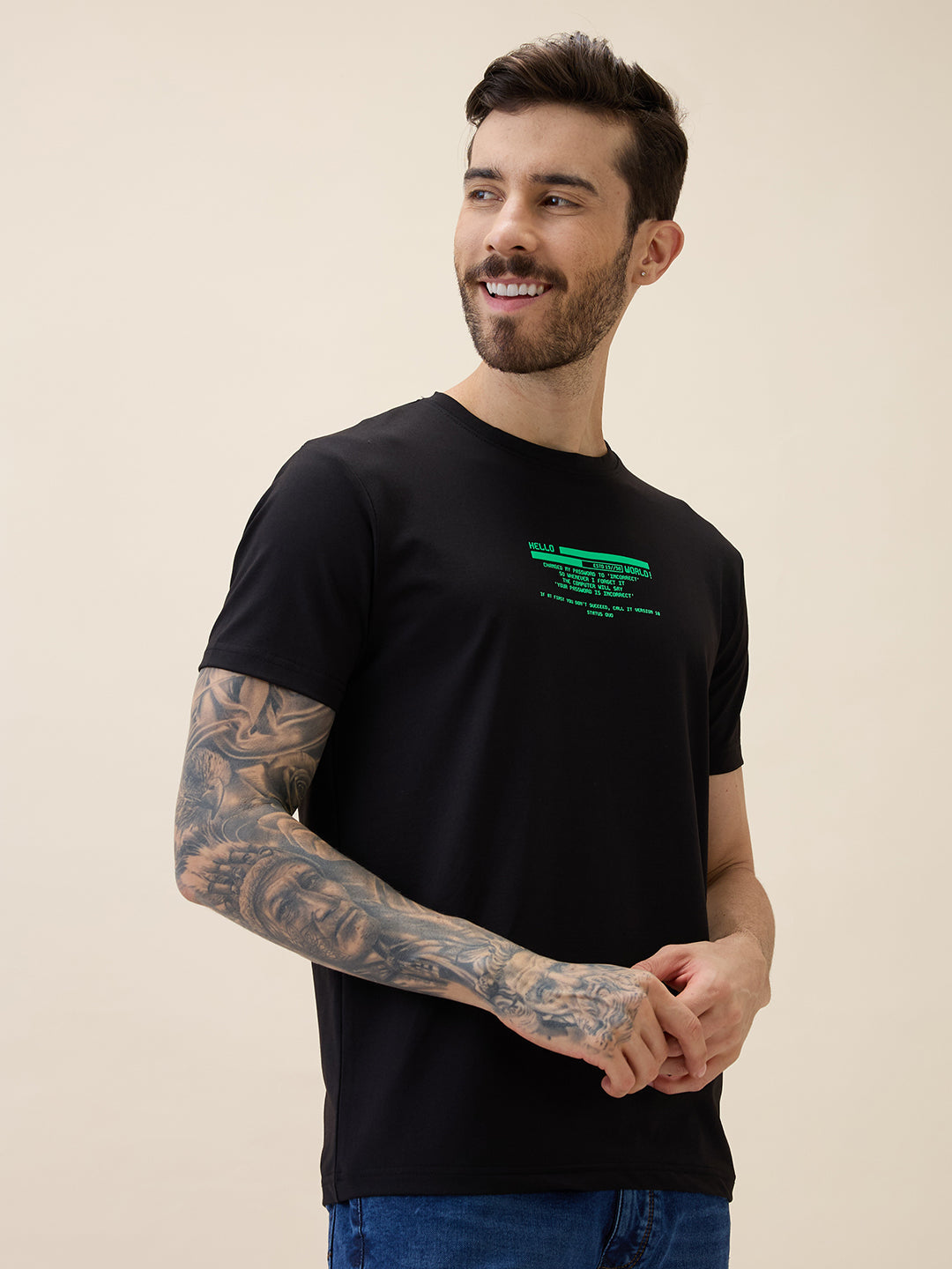 Mens Printed Round Neck Half Sleeves Regular Fit Tshirt