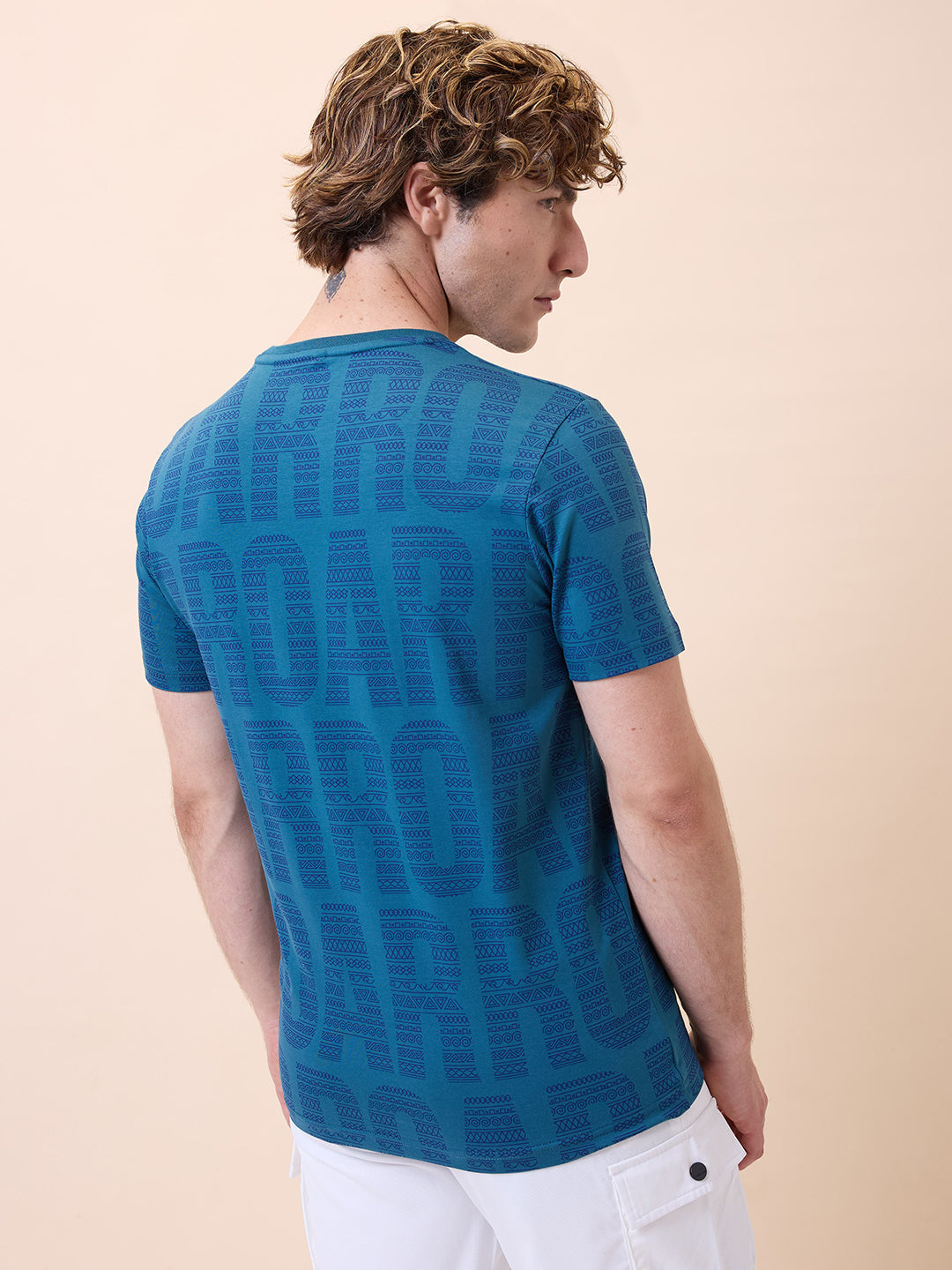 Men's All-Over Typography Round Neck Half Sleeves Regular Fit T-Shirt