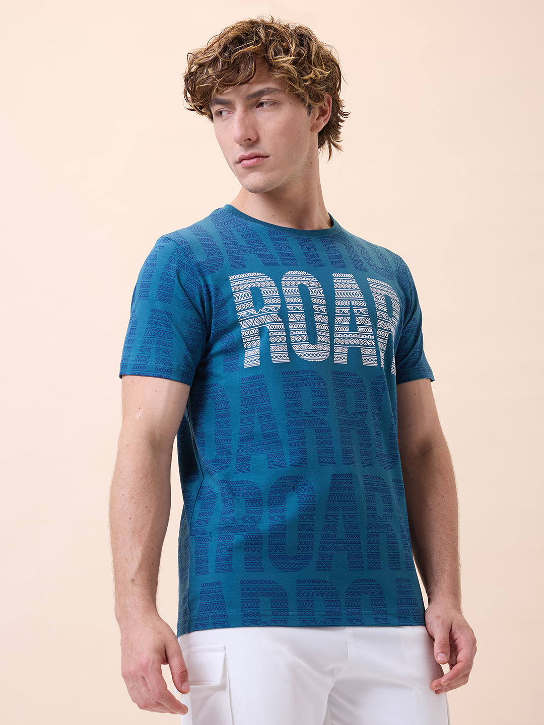 Men's All-Over Typography Round Neck Half Sleeves Regular Fit T-Shirt