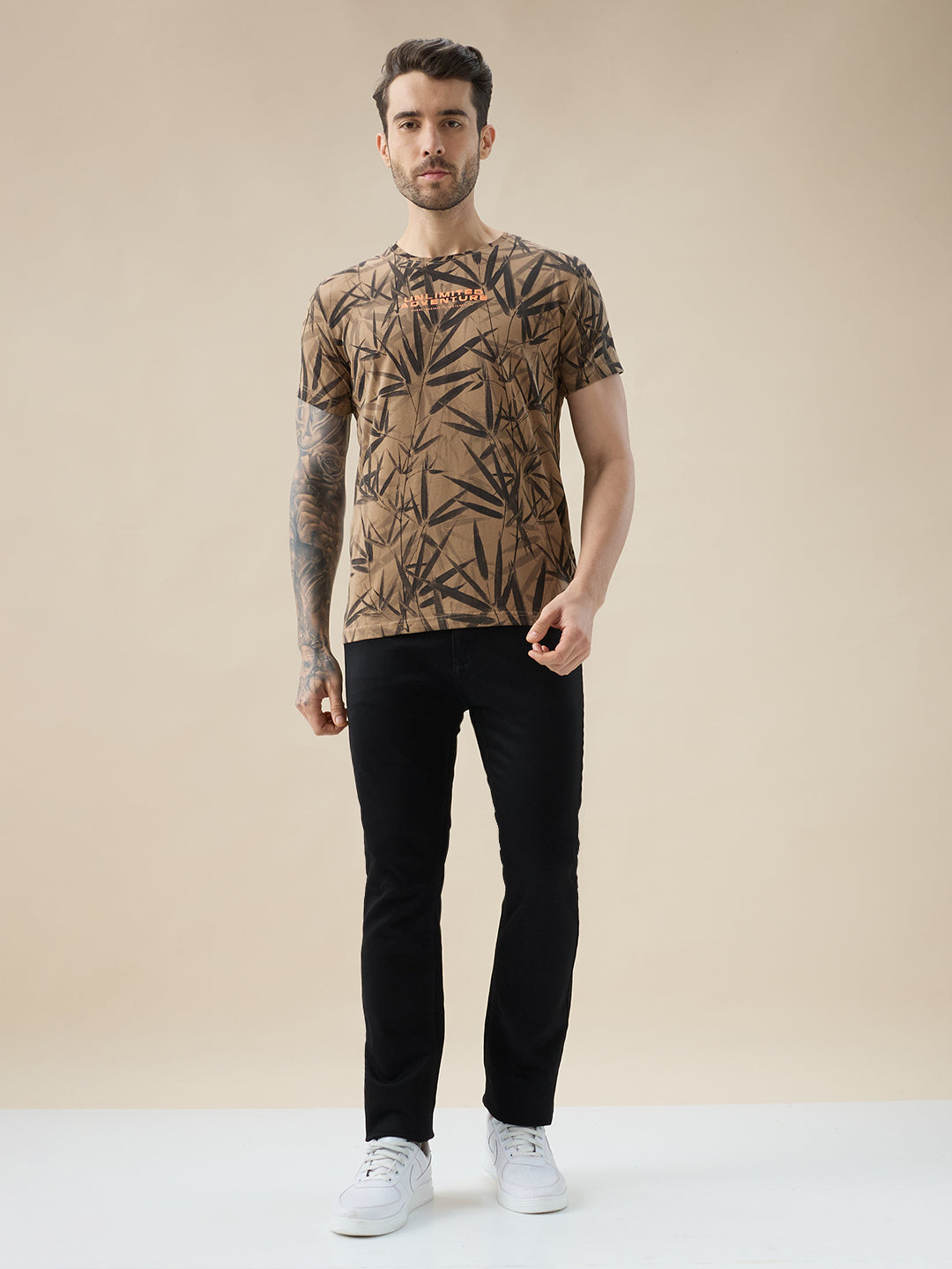 Men's Round Neck Half Sleeve All Over Tropical Print T-Shirt