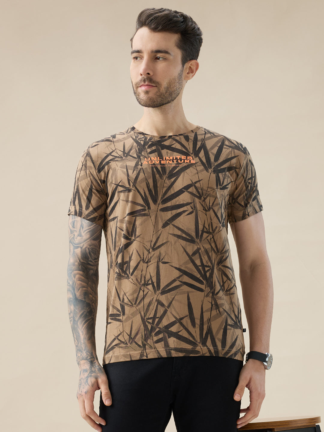 Men's Round Neck Half Sleeve All Over Tropical Print T-Shirt