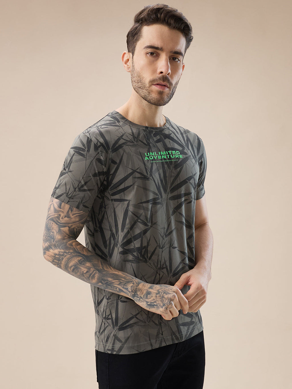 Men's Round Neck Half Sleeve All Over Tropical Print T-Shirt