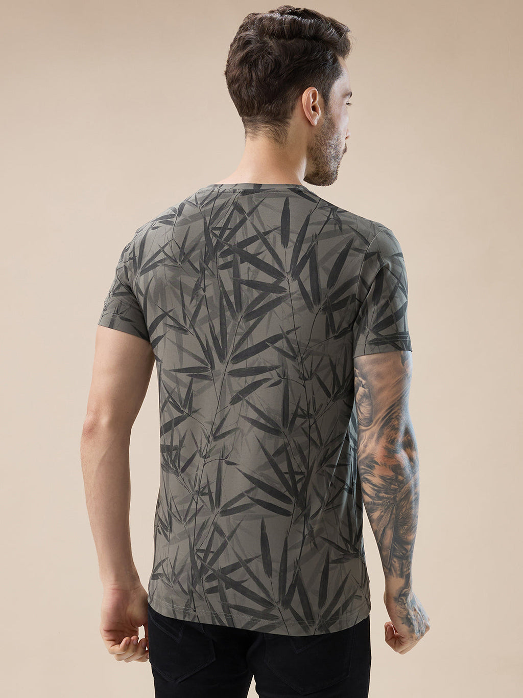 Men's Round Neck Half Sleeve All Over Tropical Print T-Shirt