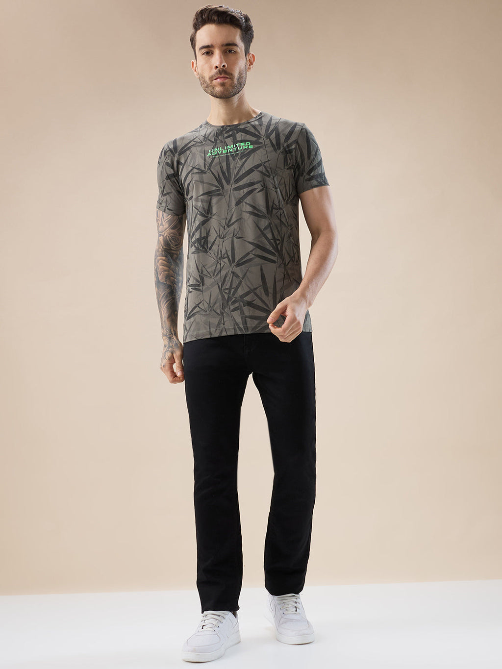 Men's Round Neck Half Sleeve All Over Tropical Print T-Shirt