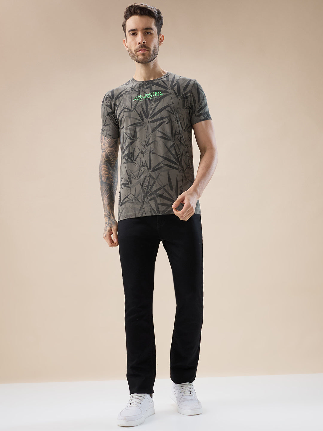 Men's Round Neck Half Sleeve All Over Tropical Print T-Shirt