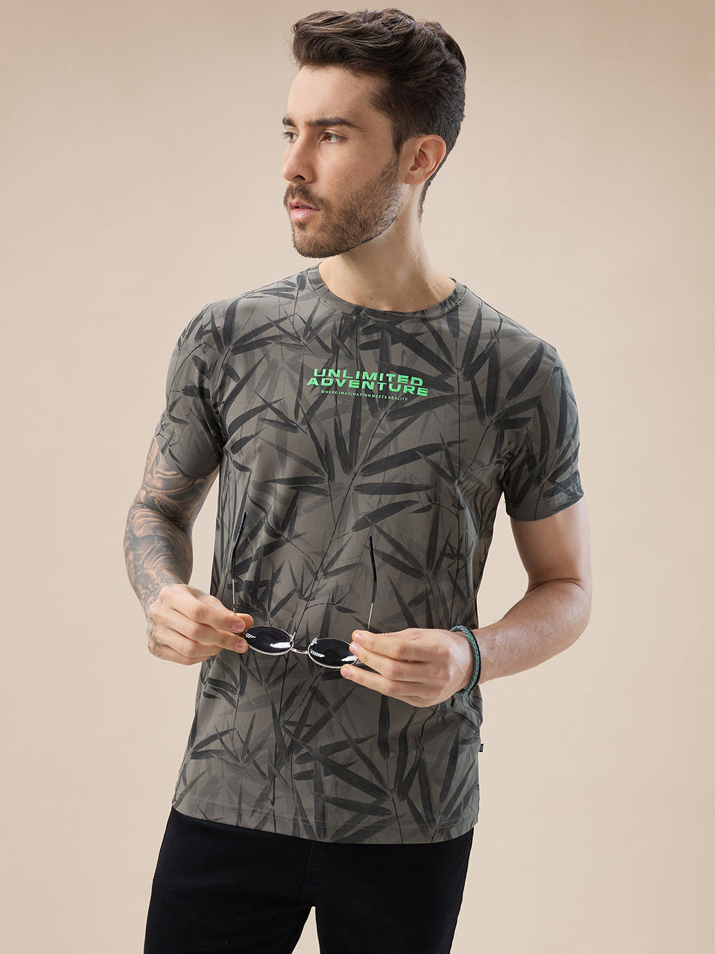 Men's Round Neck Half Sleeve All Over Tropical Print T-Shirt