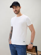 Men's Geometric Textured Solid Round Neck Regular Fit Half Sleeve T-Shirt