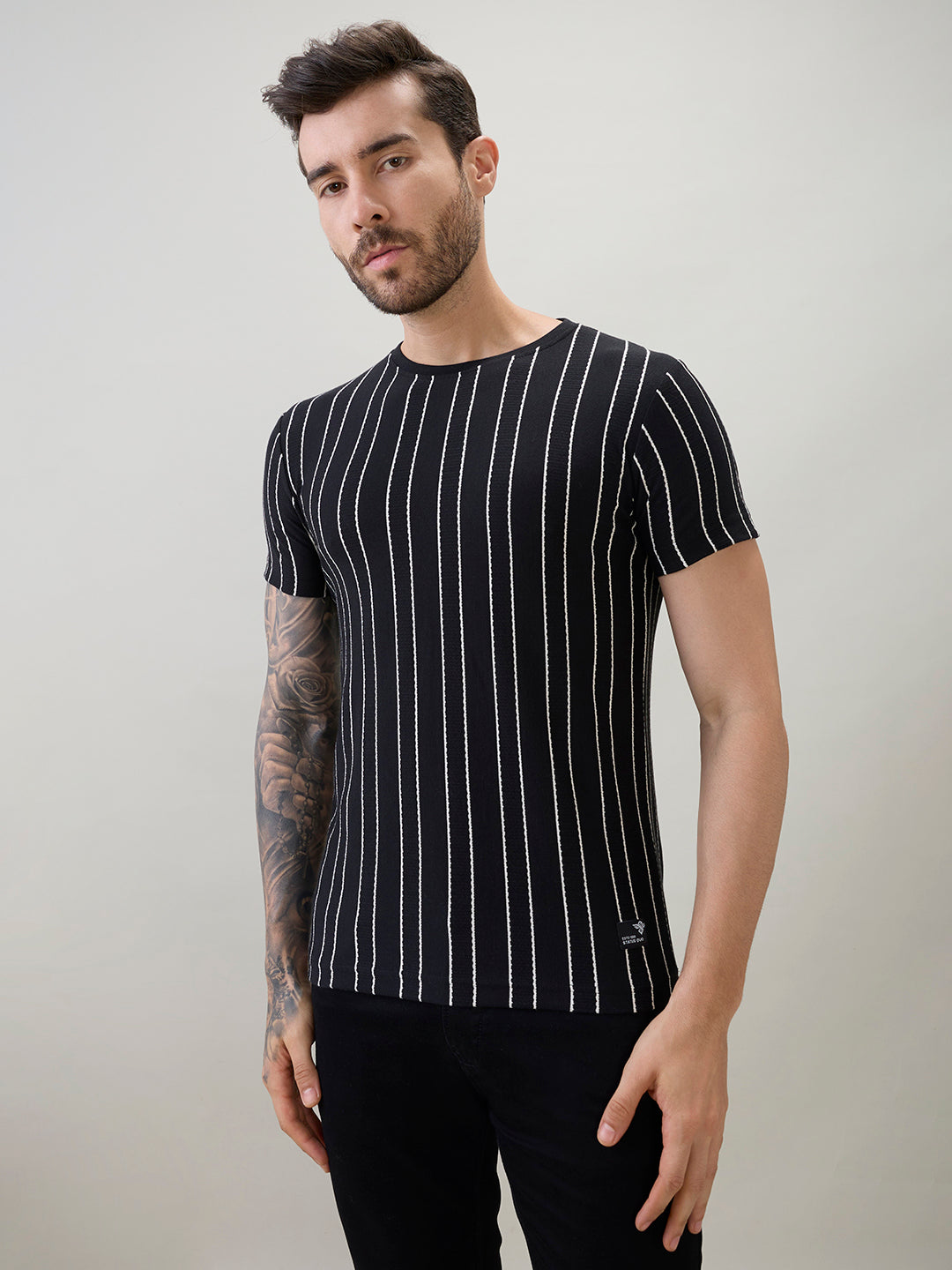 Mens Structured Striped Half Sleeves Regular Fit T-Shirt