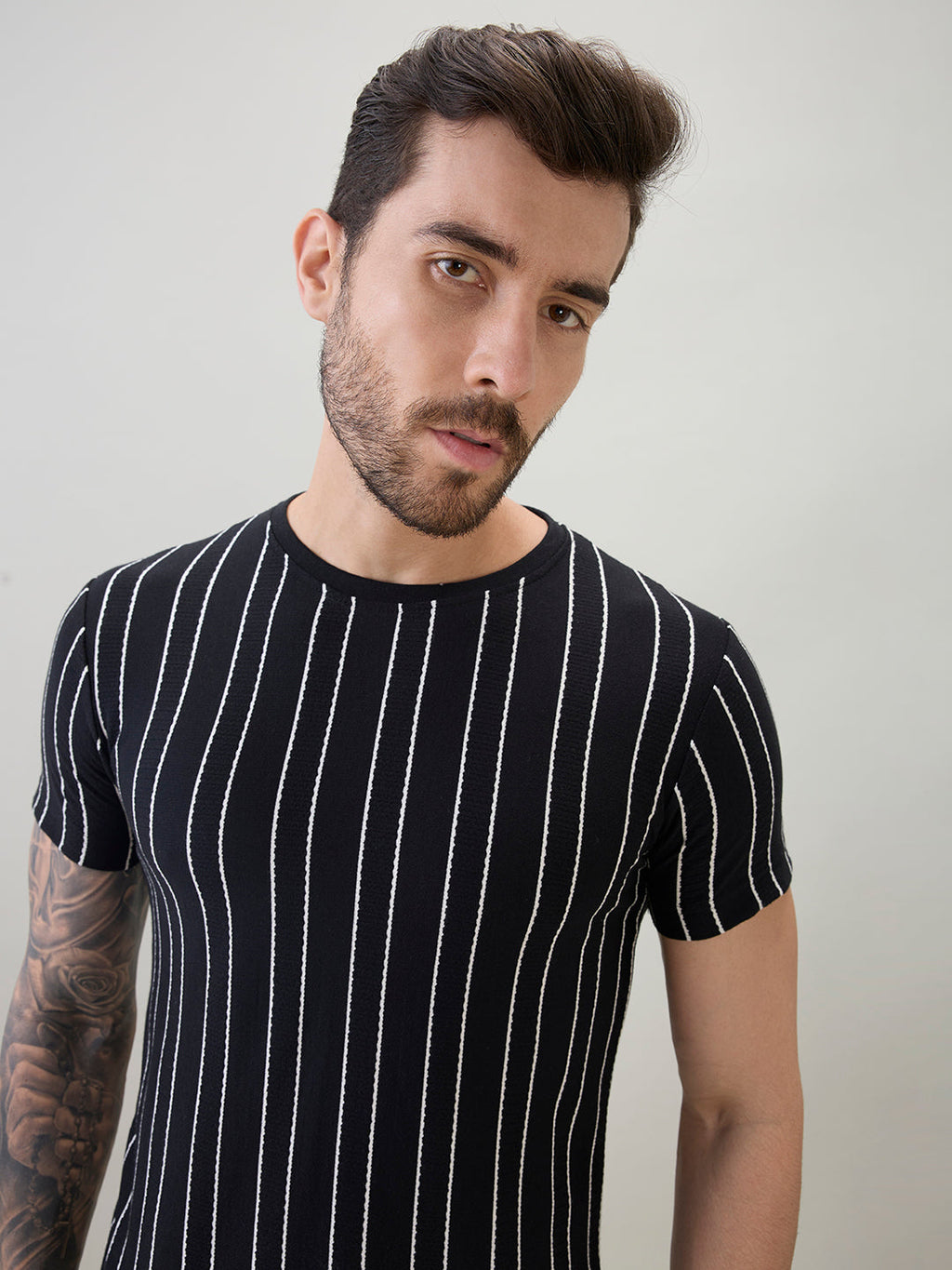 Mens Structured Striped Half Sleeves Regular Fit T-Shirt