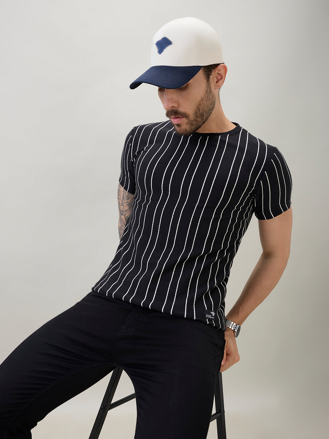 Mens Structured Striped Half Sleeves Regular Fit T-Shirt