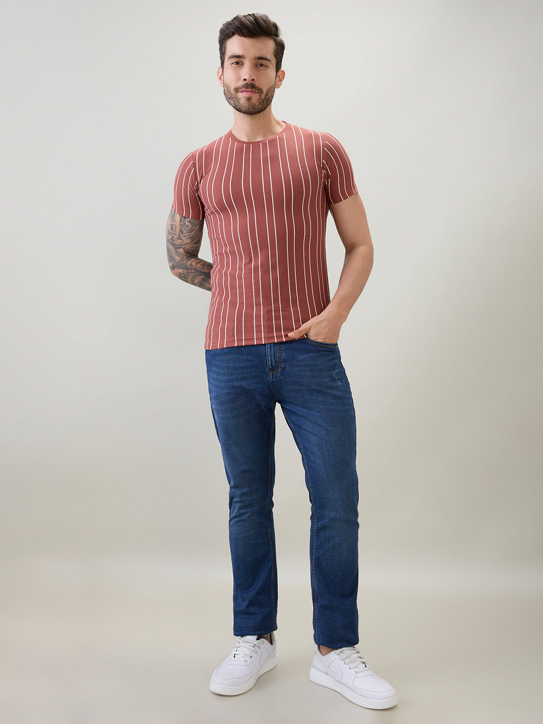 Men's Structured Striped Half Sleeves Regular Fit T-Shirt