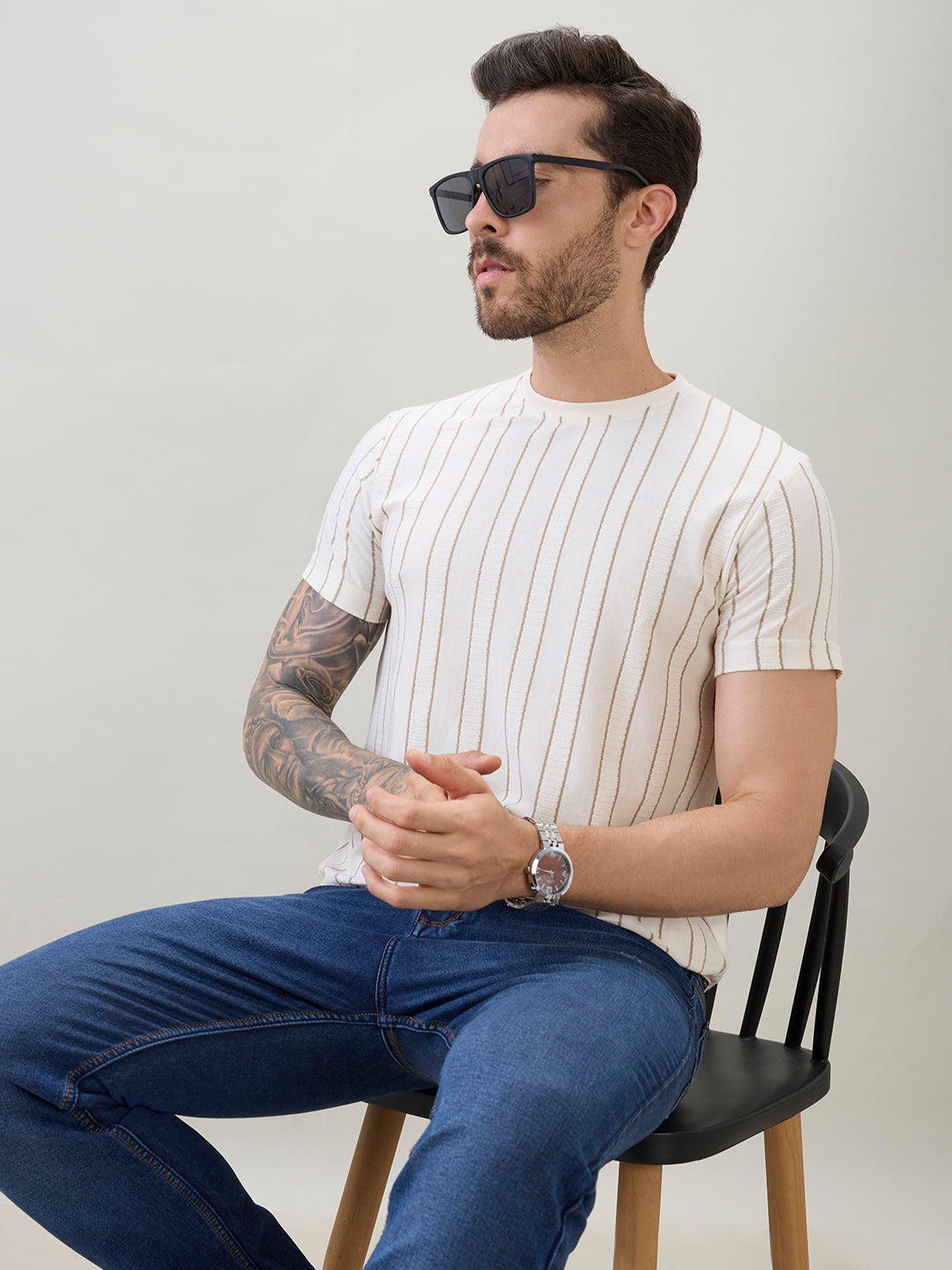 Men's Structured Striped Half Sleeves Regular Fit T-Shirt