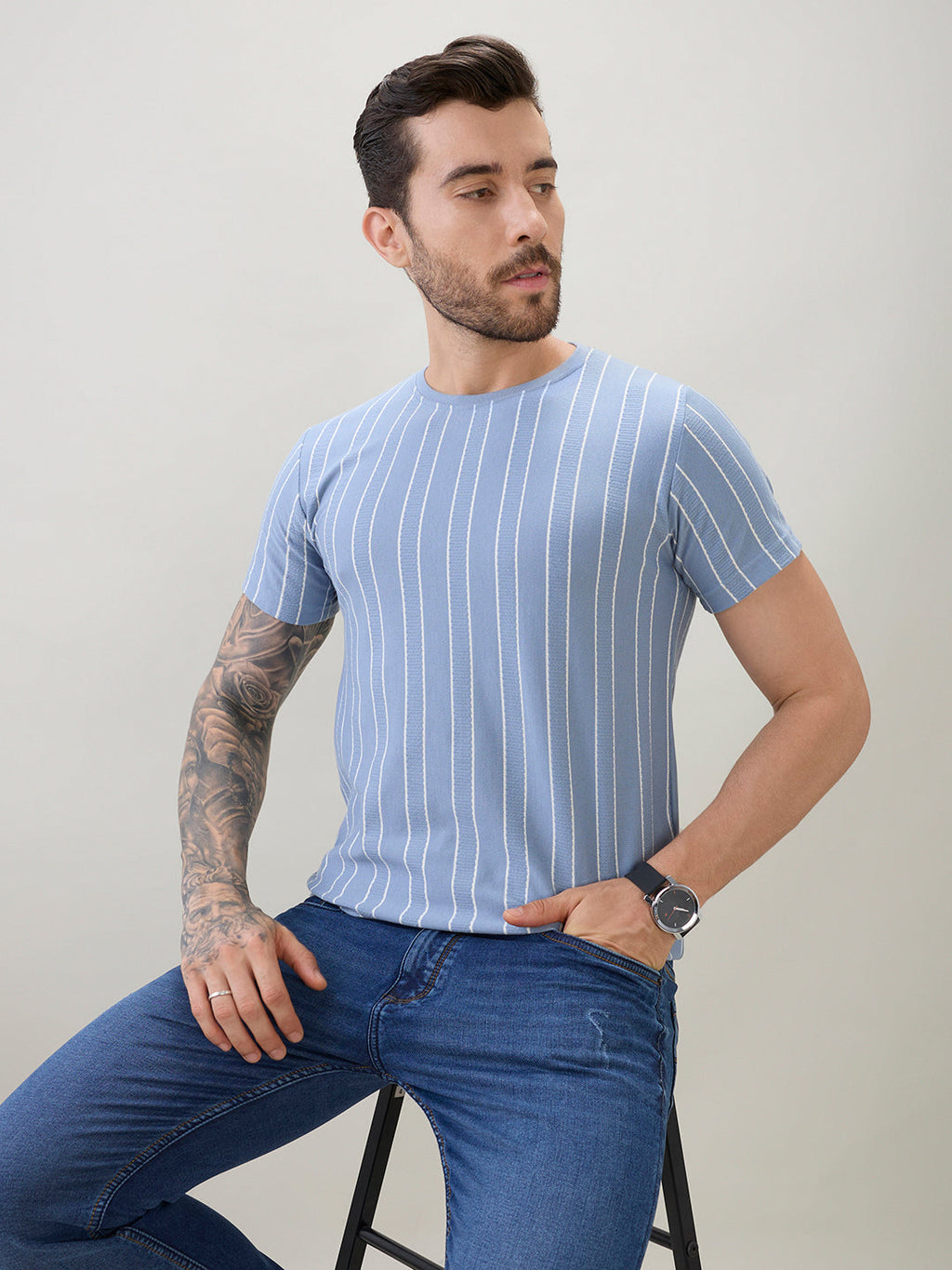Men's Structured Striped Half Sleeves Regular Fit T-Shirt