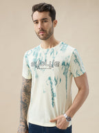 Men's Round Neck Half Sleeve Tie and Dye Print T-Shirt with Rubberised Chest Typography