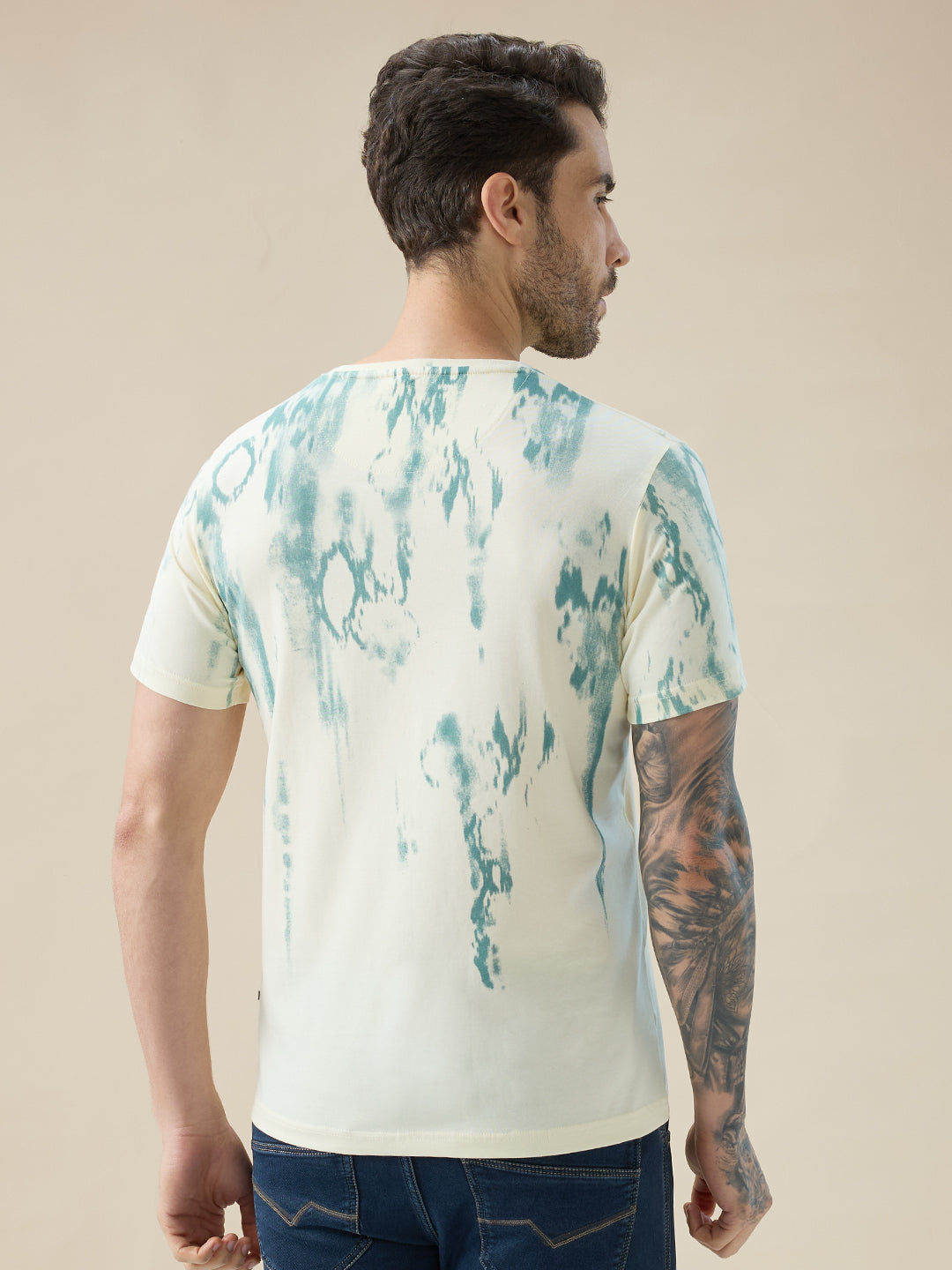 Men's Round Neck Half Sleeve Tie and Dye Print T-Shirt with Rubberised Chest Typography