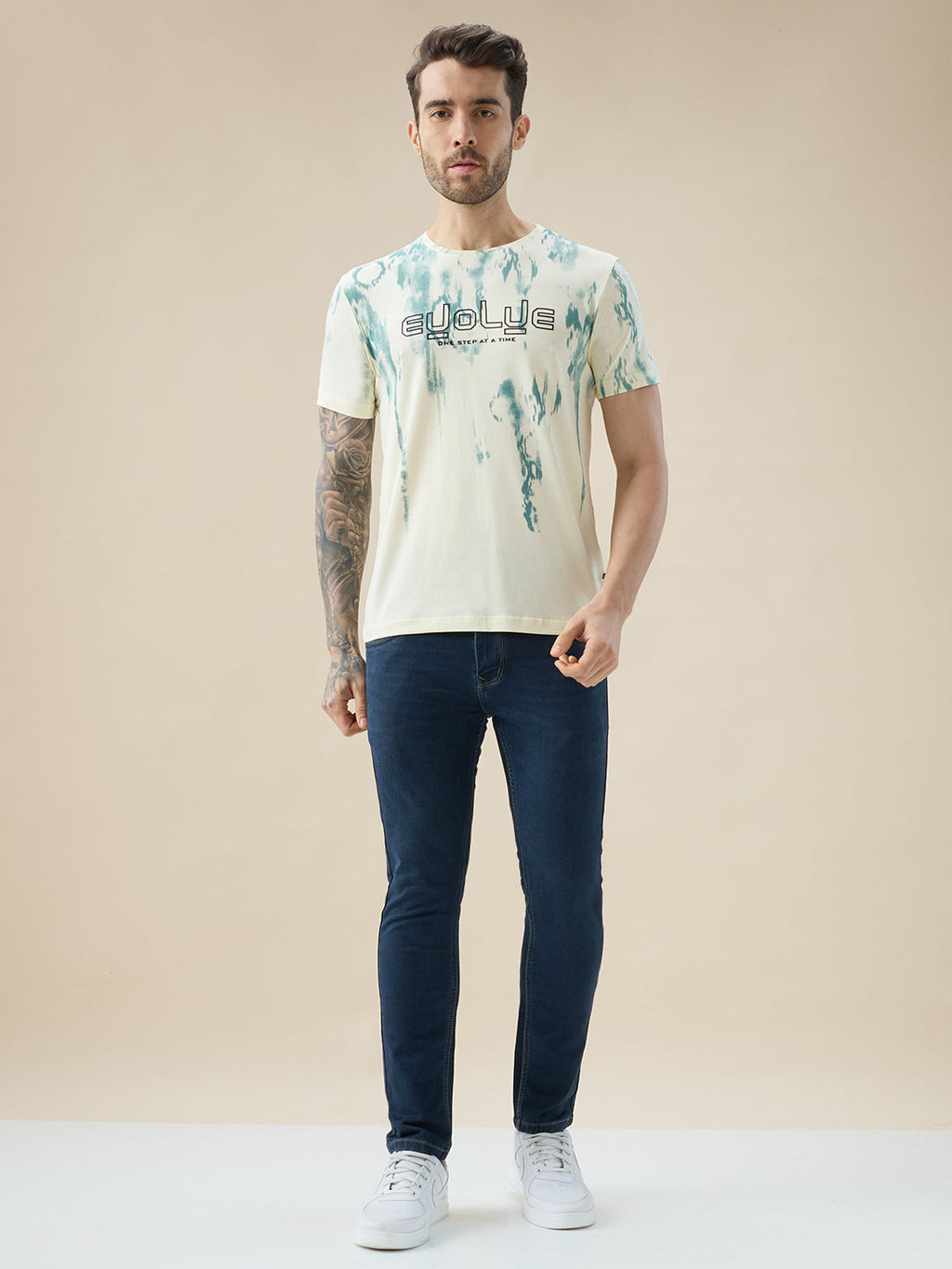 Men's Round Neck Half Sleeve Tie and Dye Print T-Shirt with Rubberised Chest Typography