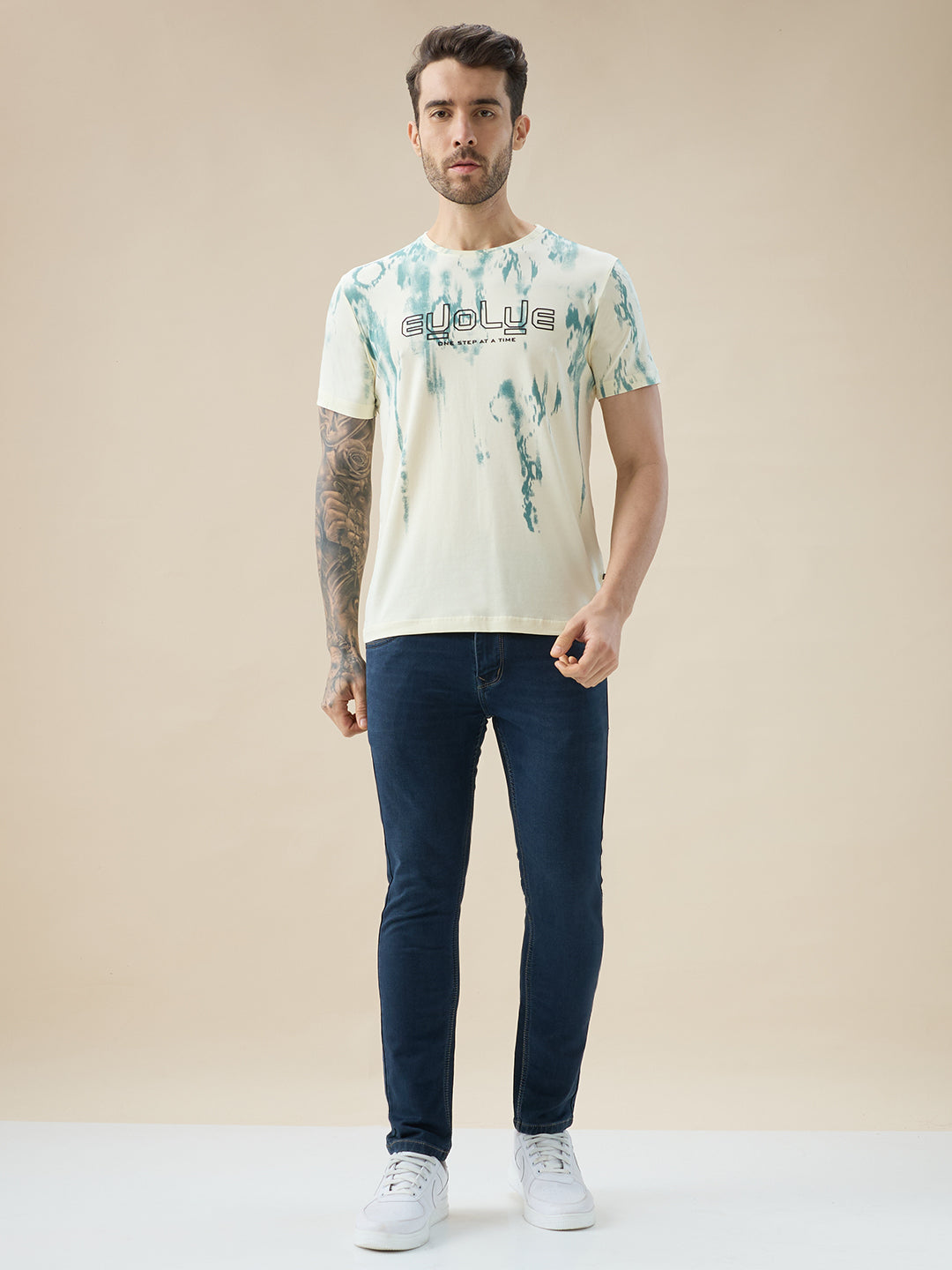 Men's Round Neck Half Sleeve Tie and Dye Print T-Shirt with Rubberised Chest Typography