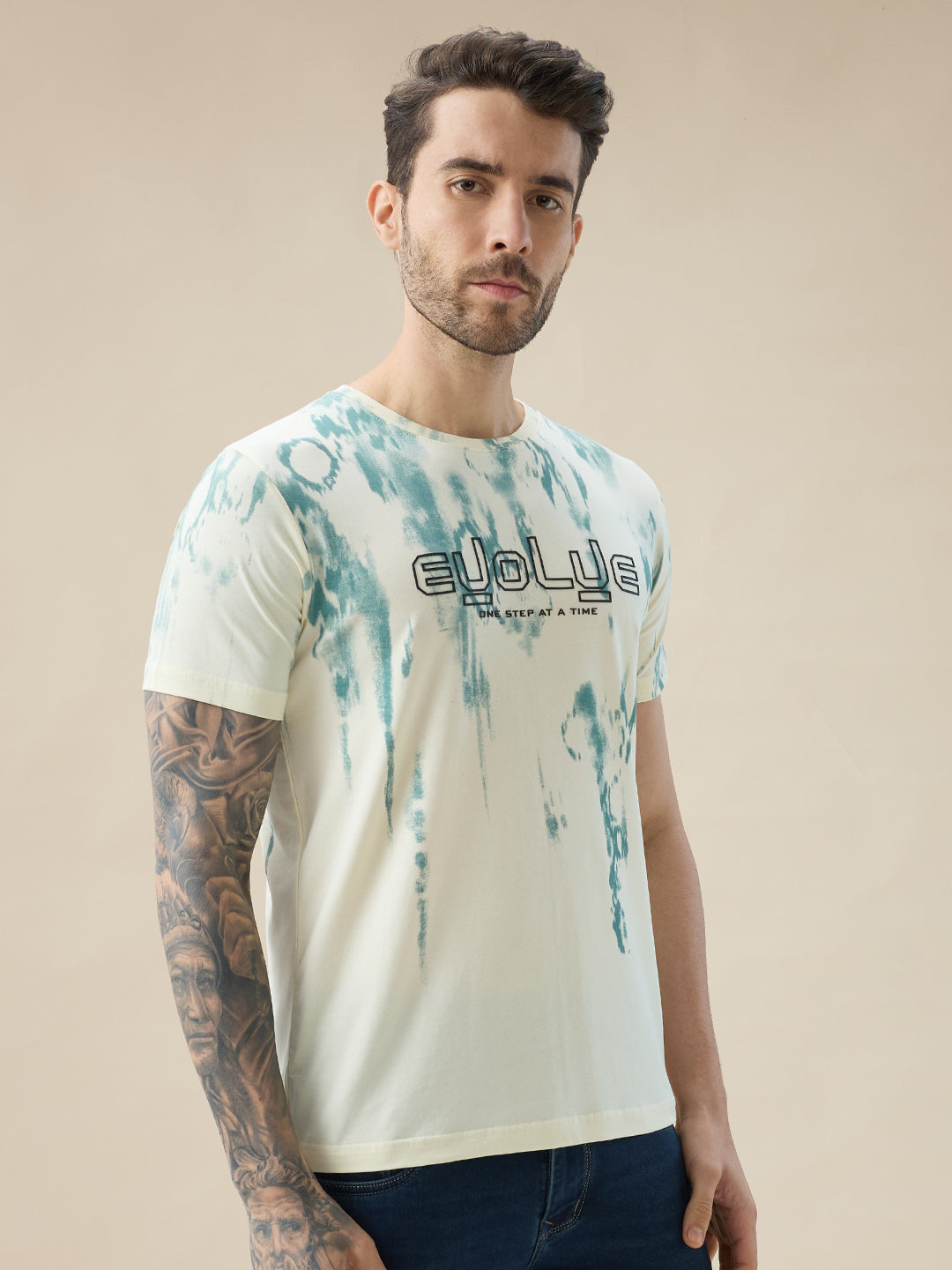 Men's Round Neck Half Sleeve Tie and Dye Print T-Shirt with Rubberised Chest Typography Secondary image