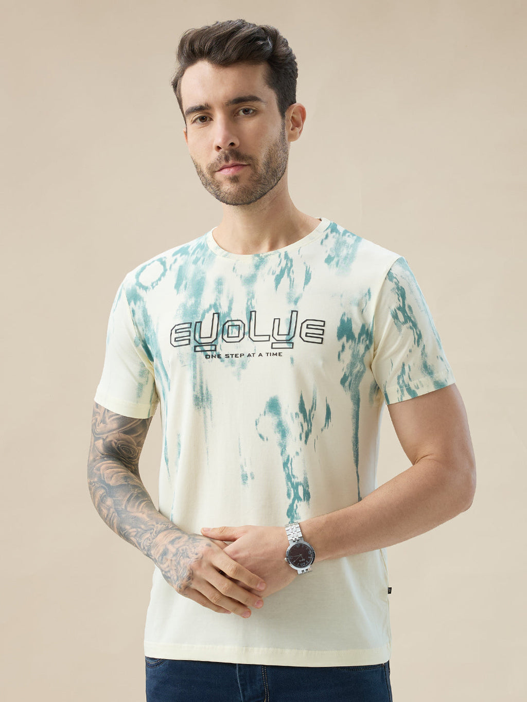 Men's Round Neck Half Sleeve Tie and Dye Print T-Shirt with Rubberised Chest Typography