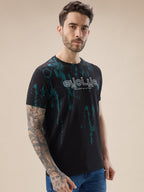Mens Round Neck Half Sleeve Tie and Dye Print T-Shirt with Rubberised Chest Typography