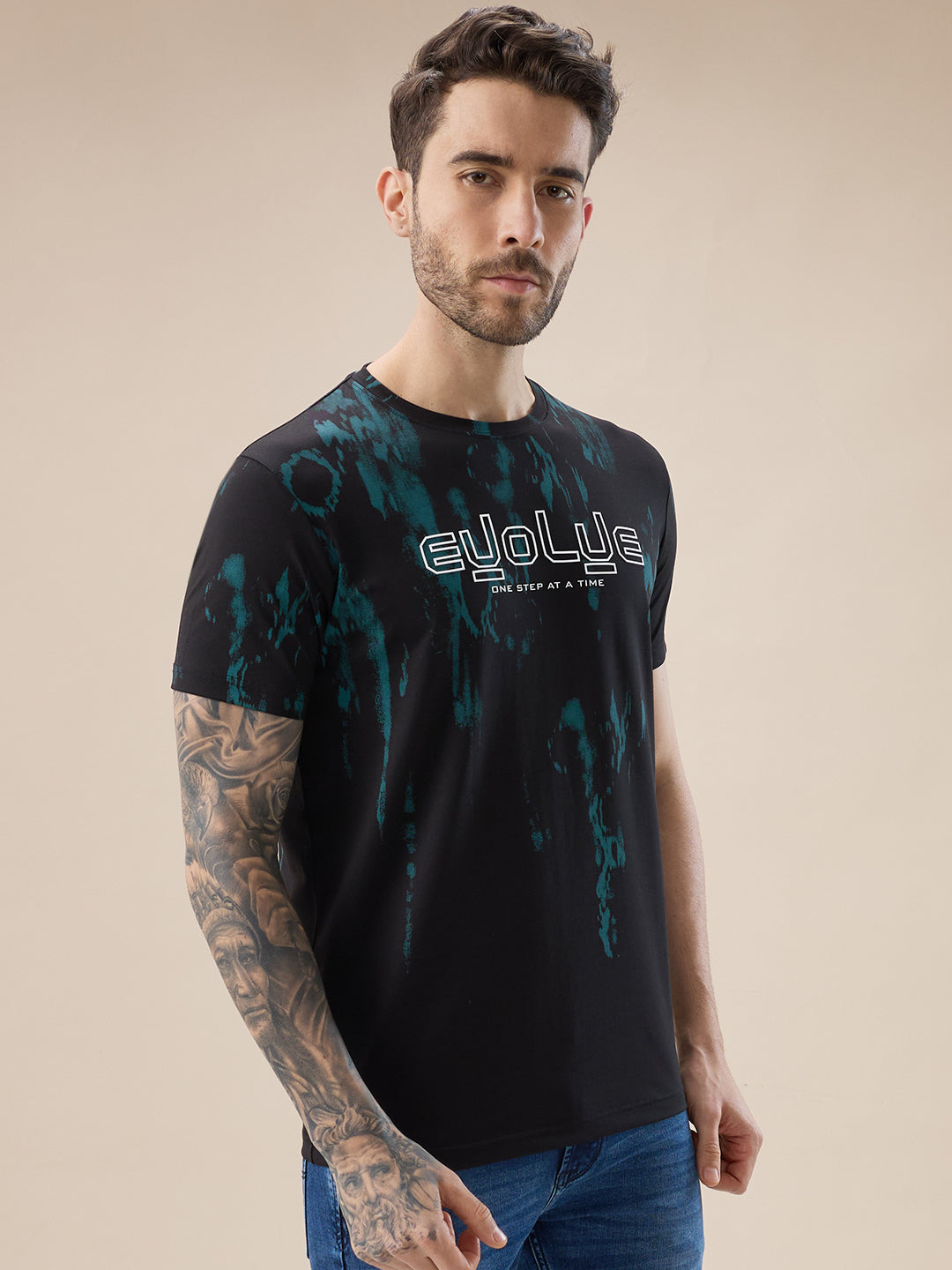 Mens Round Neck Half Sleeve Tie and Dye Print T-Shirt with Rubberised Chest Typography